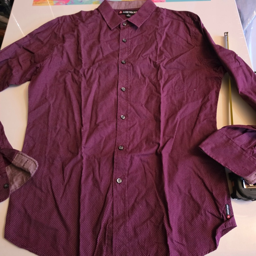 Airwalk Mens Large Burgundy Polka Dot Long Sleeve Button Down Shirt Maroon
